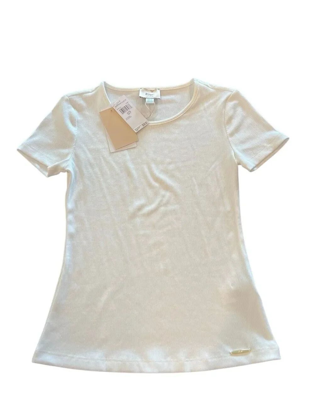 Elie Tahari Women's Crewneck Ribbed Short Sleeve T-Shirt Off White XS NWT